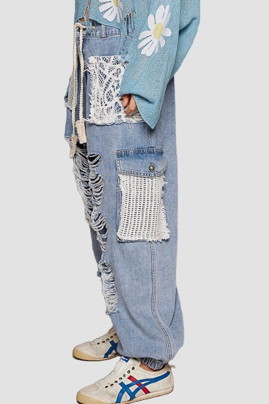 POL - Medium Wash Crocheted Patch Distressed Jeans