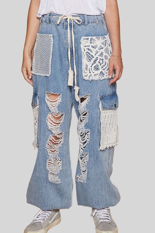 POL - Medium Wash Crocheted Patch Distressed Jeans