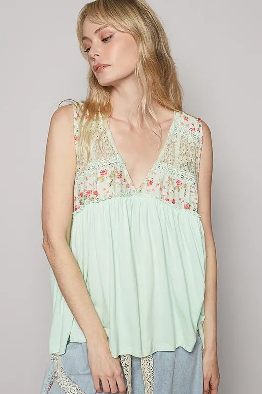 POL - Mint Floral Lace Trim Tank