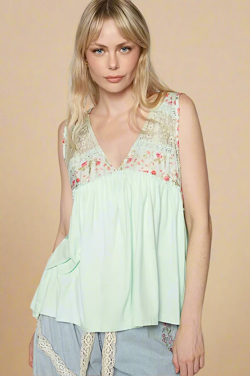 POL - Mint Floral Lace Trim Tank