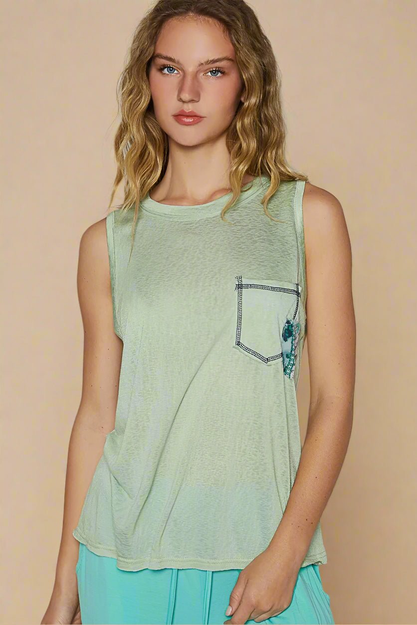 POL - Mint Sleeveless Pocket Tank with Blue Trim