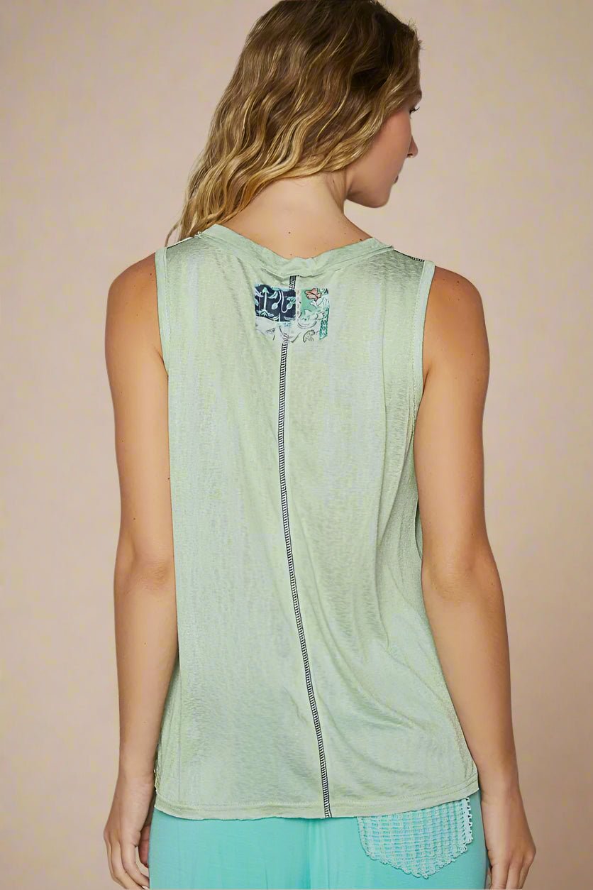 POL - Mint Sleeveless Pocket Tank with Blue Trim