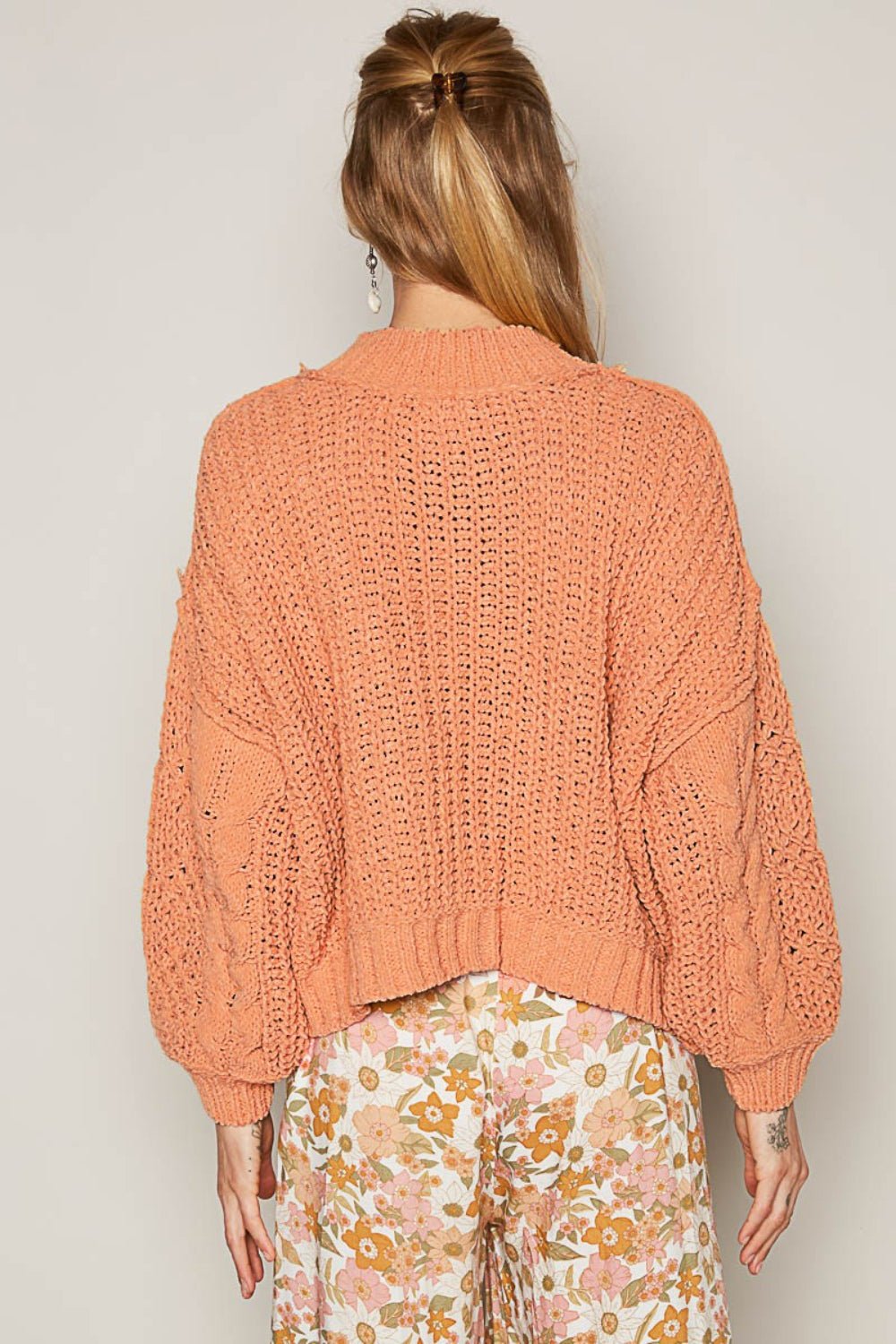 POL - Mock Neck Cable Knit Sweater in Coral Tangerine