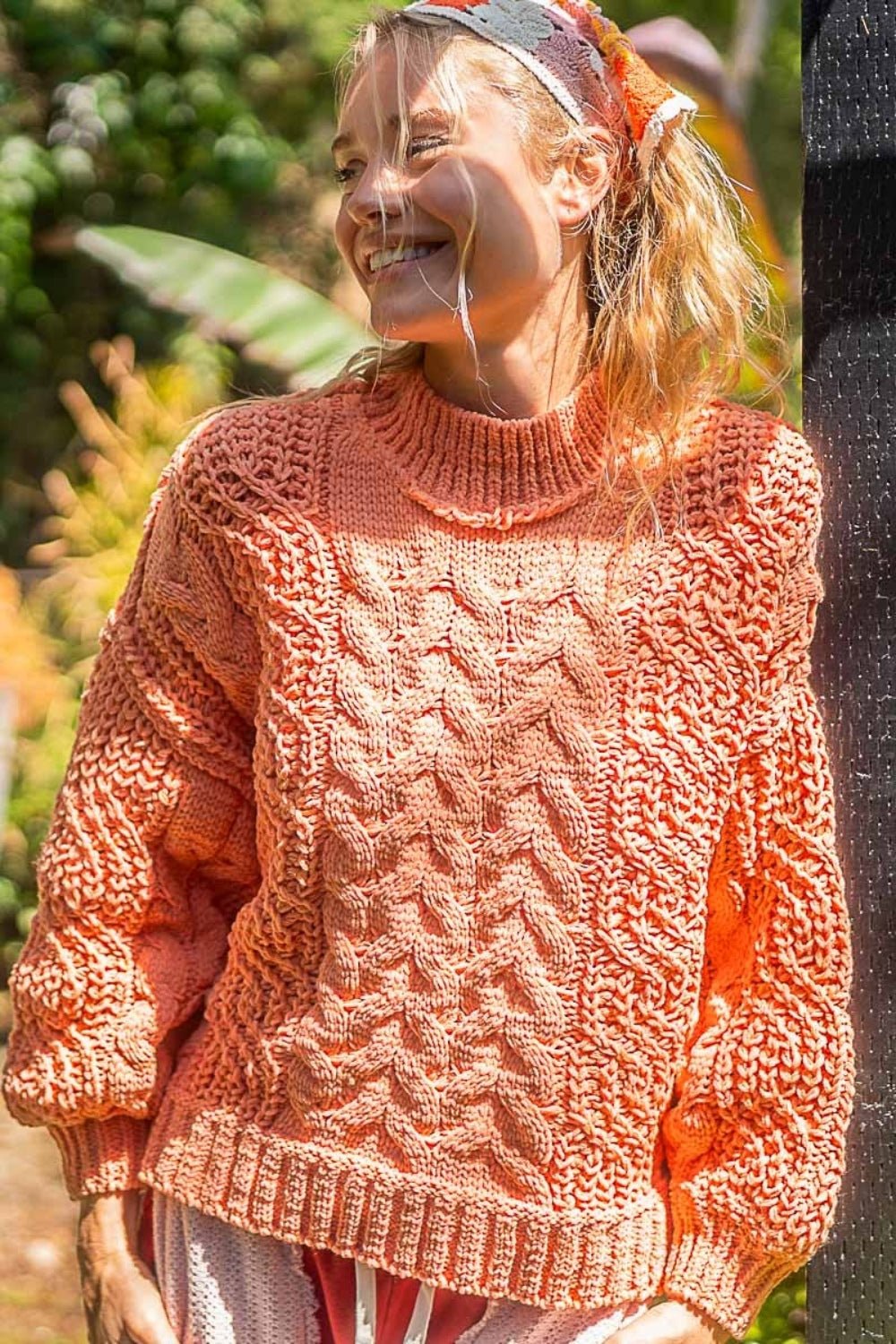 POL - Mock Neck Cable Knit Sweater in Coral Tangerine