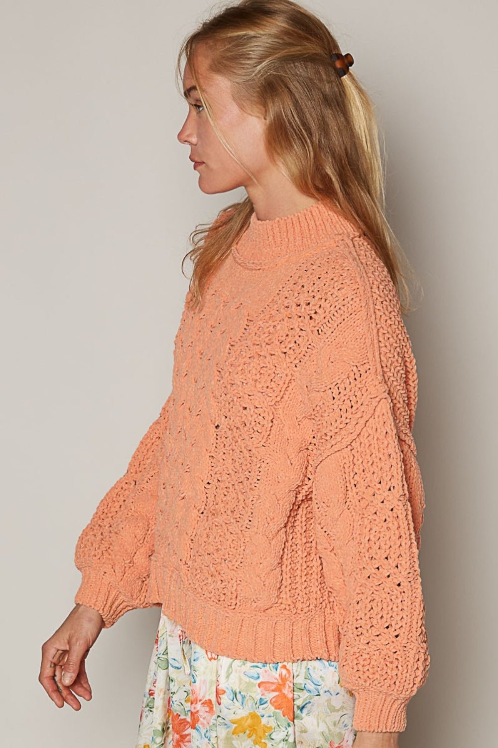 POL - Mock Neck Cable Knit Sweater in Coral Tangerine