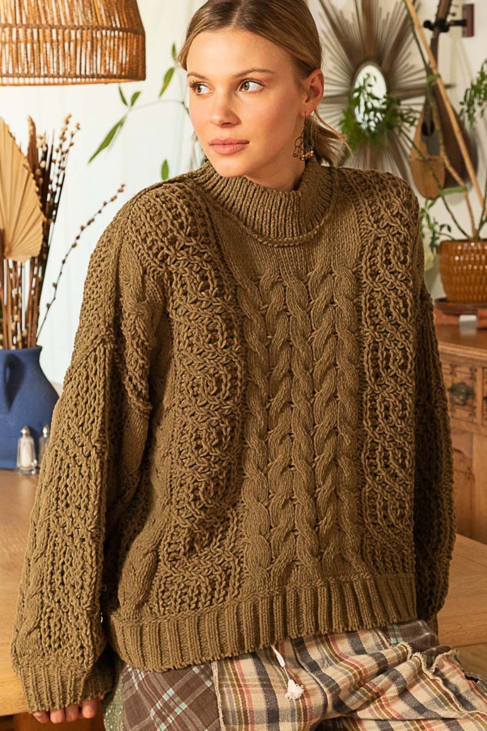 POL - Mock Neck Cable Knit Sweater in Dusky Olive