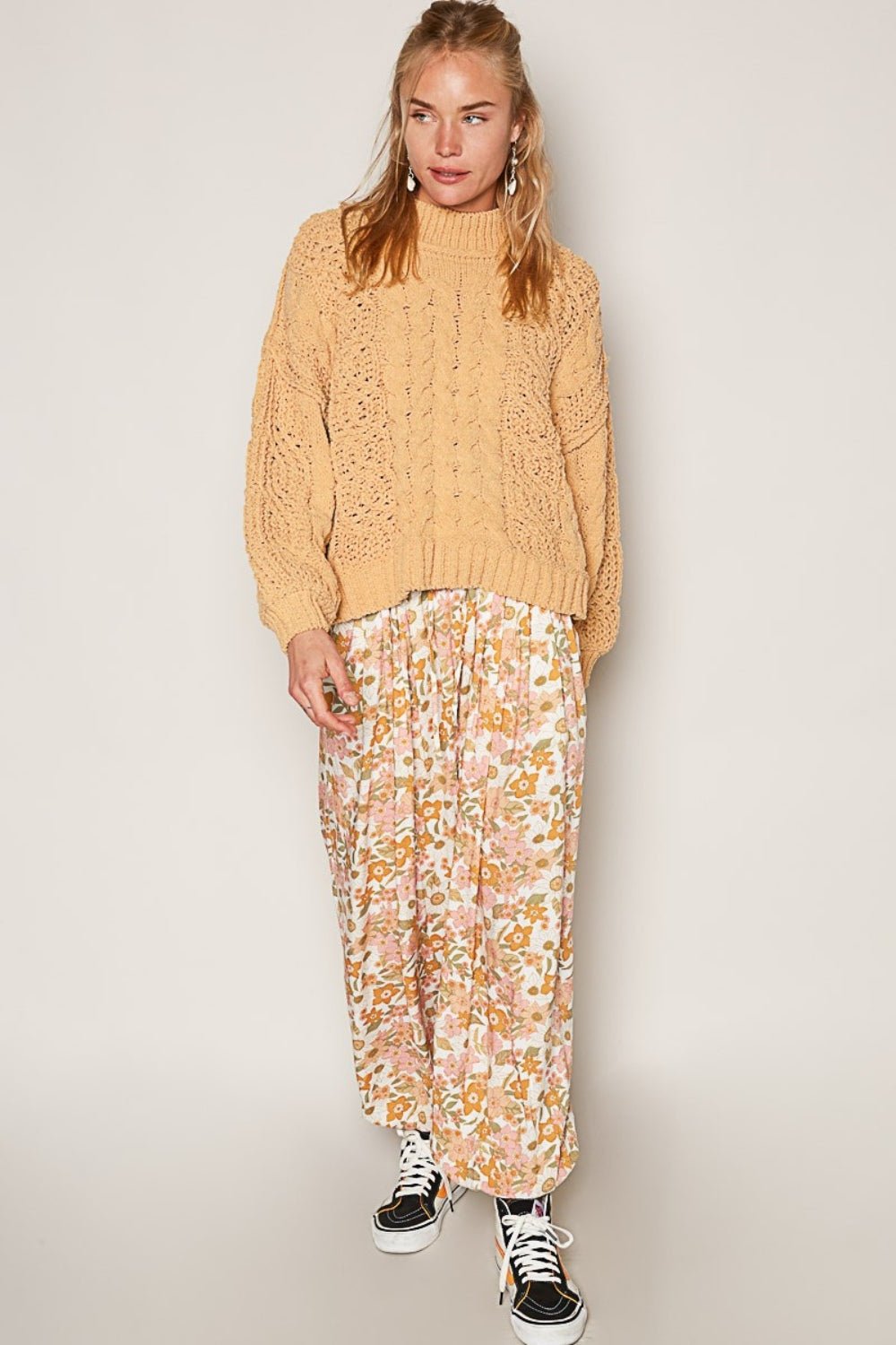 POL - Mock Neck Cable Knit Sweater in Honey Gold