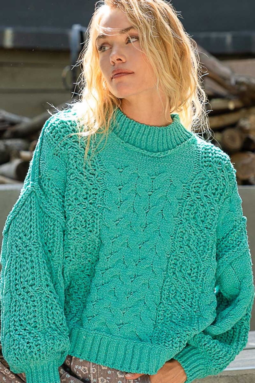 POL - Mock Neck Cable Knit Sweater in Jungle Green