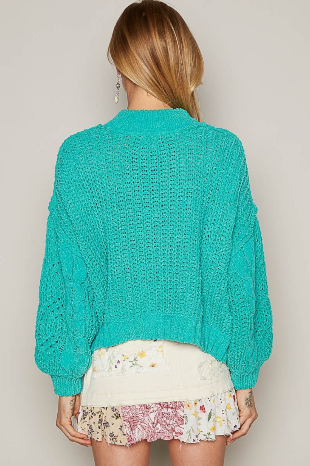 POL - Mock Neck Cable Knit Sweater in Jungle Green