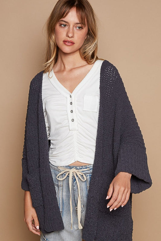 POL - Open Front Cardigan Sweater with Pockets in Charcoal Ink