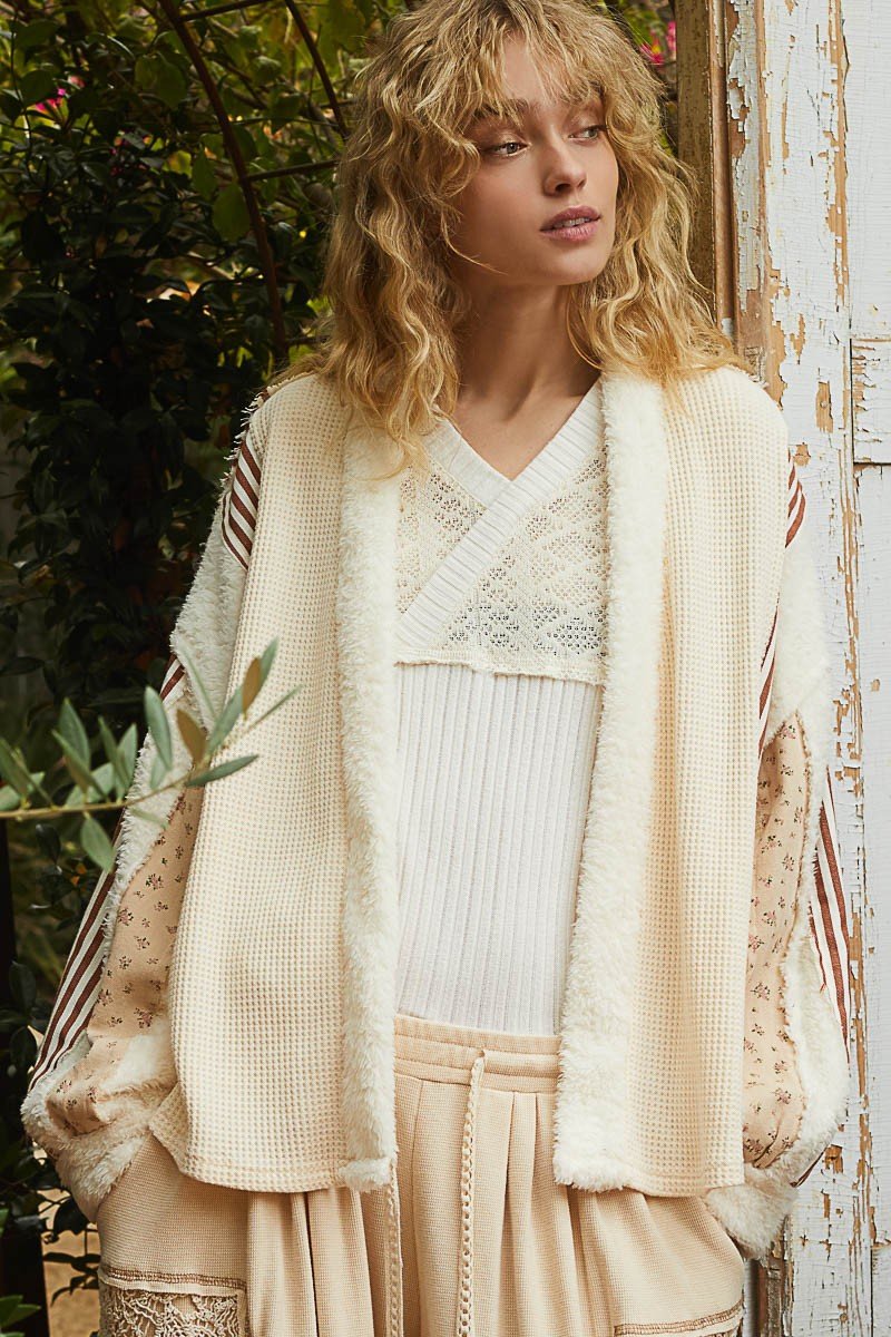 POL - Open Front Fleece Cardigan in Cream