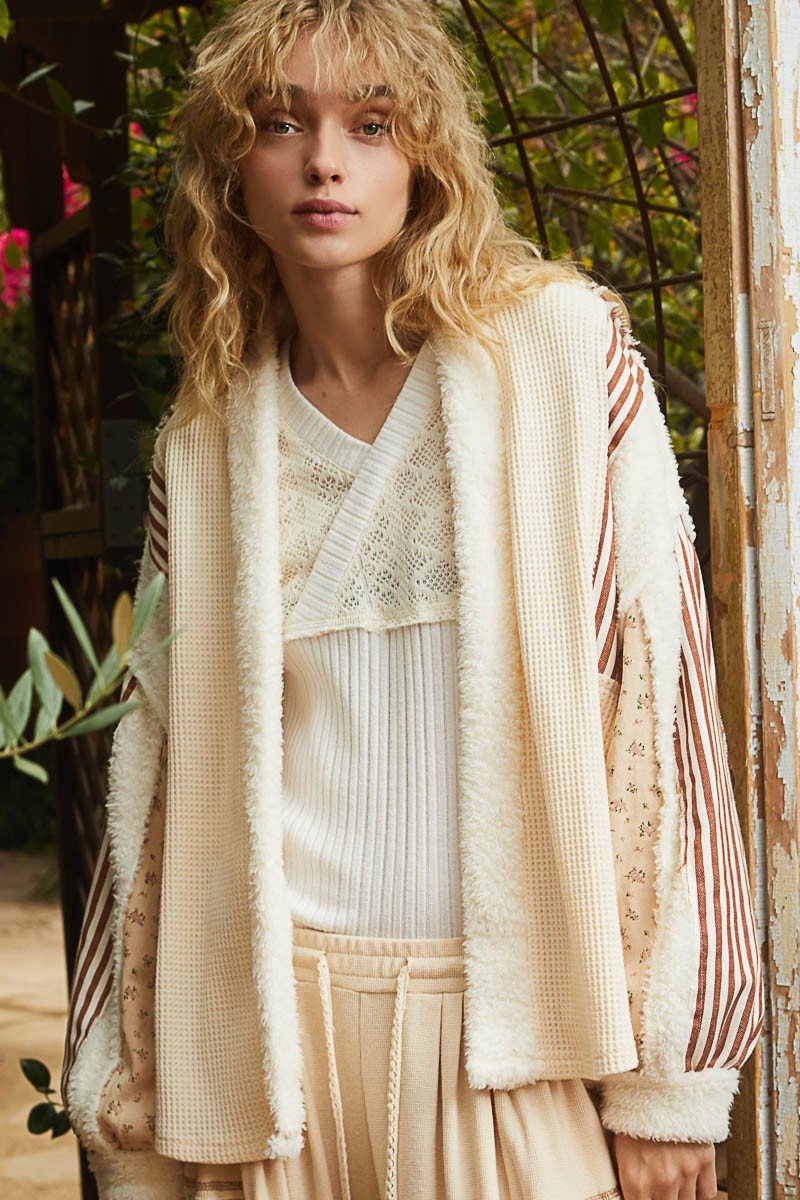 POL - Open Front Fleece Cardigan in Cream