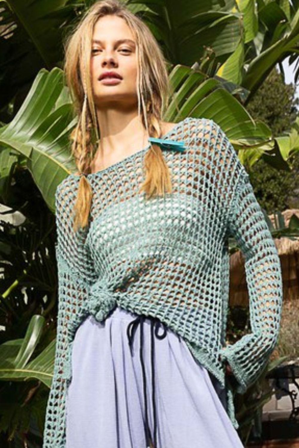 POL - Openwork Long Sleeve Knit Tunic Top in Dusky Teal