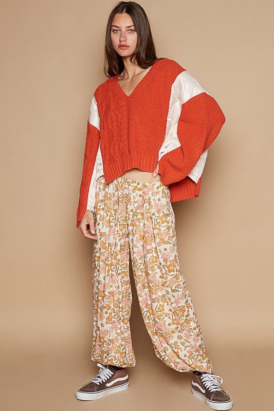 POL - Orange Mixed Textures V - Neck Sweater