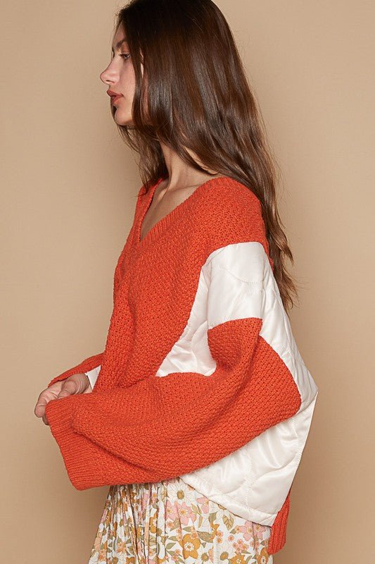 POL - Orange Mixed Textures V - Neck Sweater