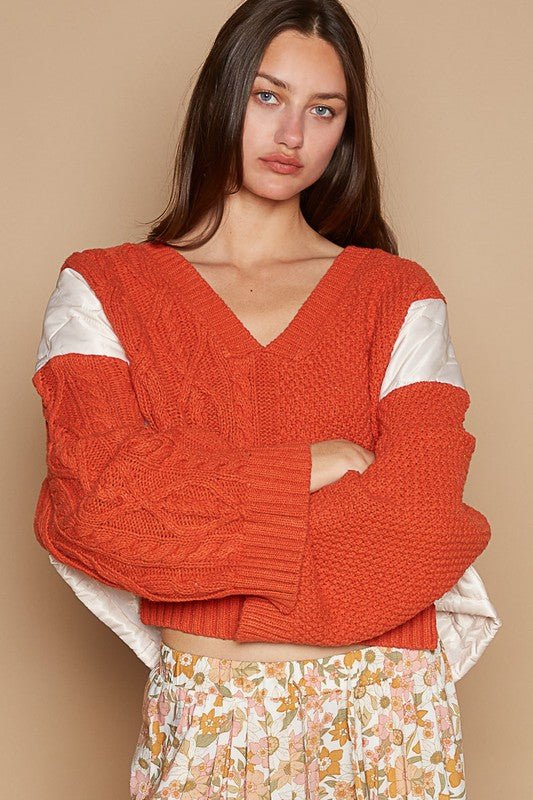 POL - Orange Mixed Textures V - Neck Sweater