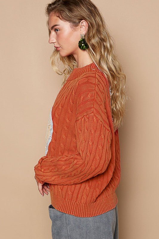 POL - Orange Red Cable Knit Heart Peace Patch Sweater