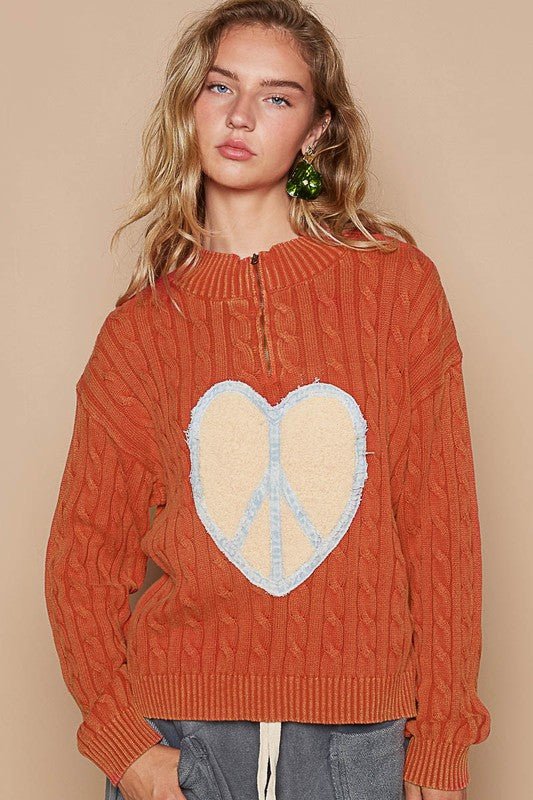 POL - Orange Red Cable Knit Heart Peace Patch Sweater