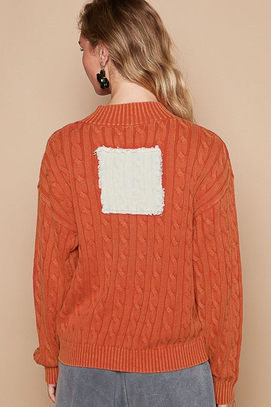 POL - Orange Red Cable Knit Heart Peace Patch Sweater