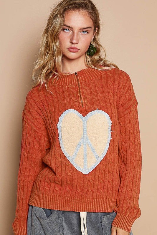 POL - Orange Red Cable Knit Heart Peace Patch Sweater