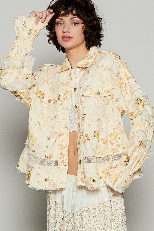 POL - Pastel Yellow Raw Hem Lace Patch Jacket