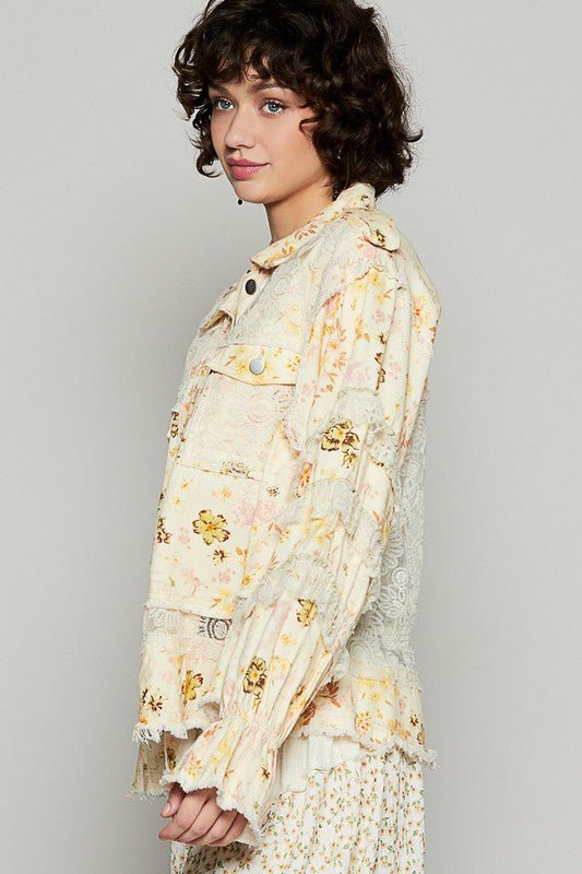 POL - Pastel Yellow Raw Hem Lace Patch Jacket