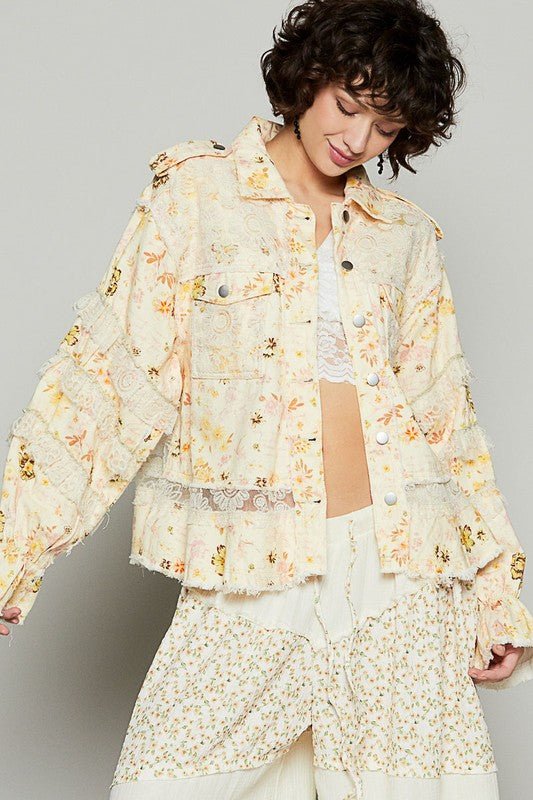 POL - Pastel Yellow Raw Hem Lace Patch Jacket