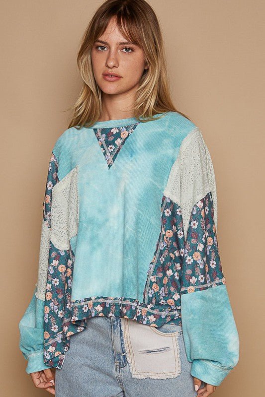 POL - Patchwork Knit Top in Teal Floral