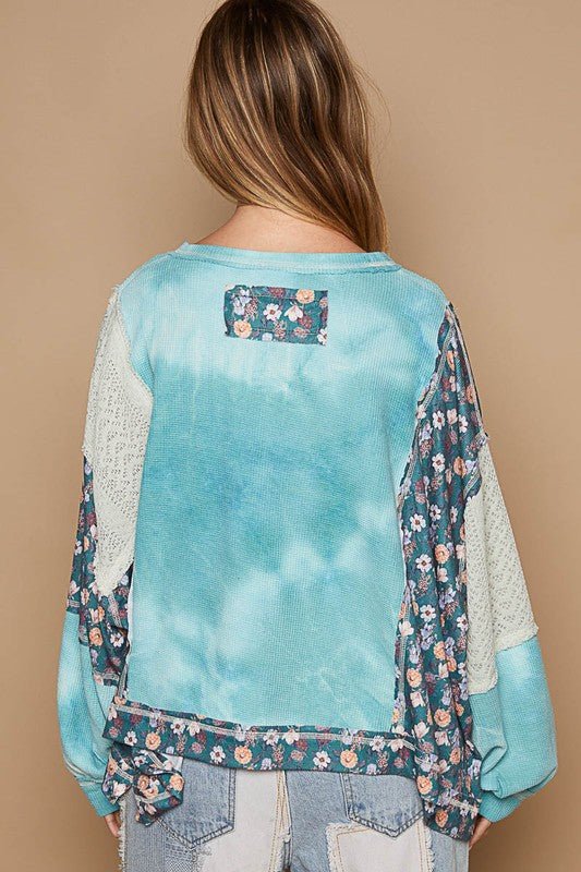 POL - Patchwork Knit Top in Teal Floral