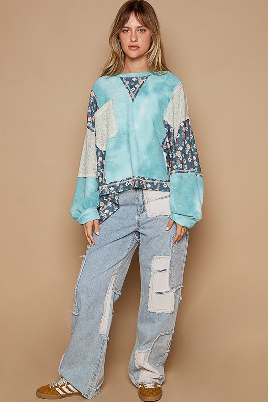 POL - Patchwork Knit Top in Teal Floral