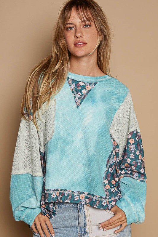 POL - Patchwork Knit Top in Teal Floral