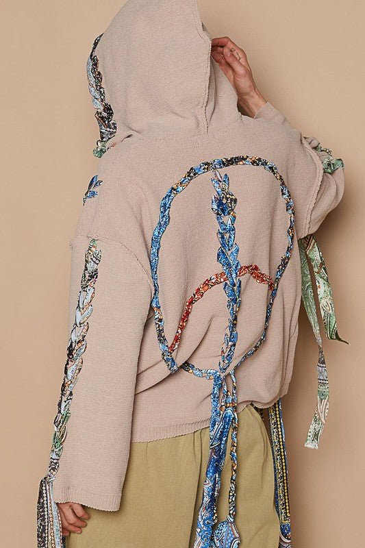 POL - Peace Sign Ribbon Detail Hooded Sweater in Dust Storm