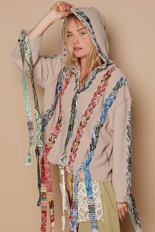 POL - Peace Sign Ribbon Detail Hooded Sweater in Dust Storm