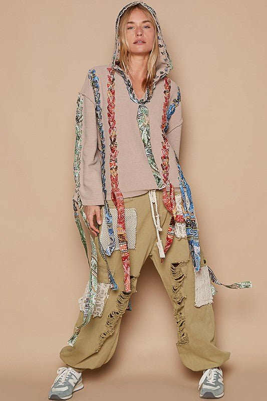 POL - Peace Sign Ribbon Detail Hooded Sweater in Dust Storm