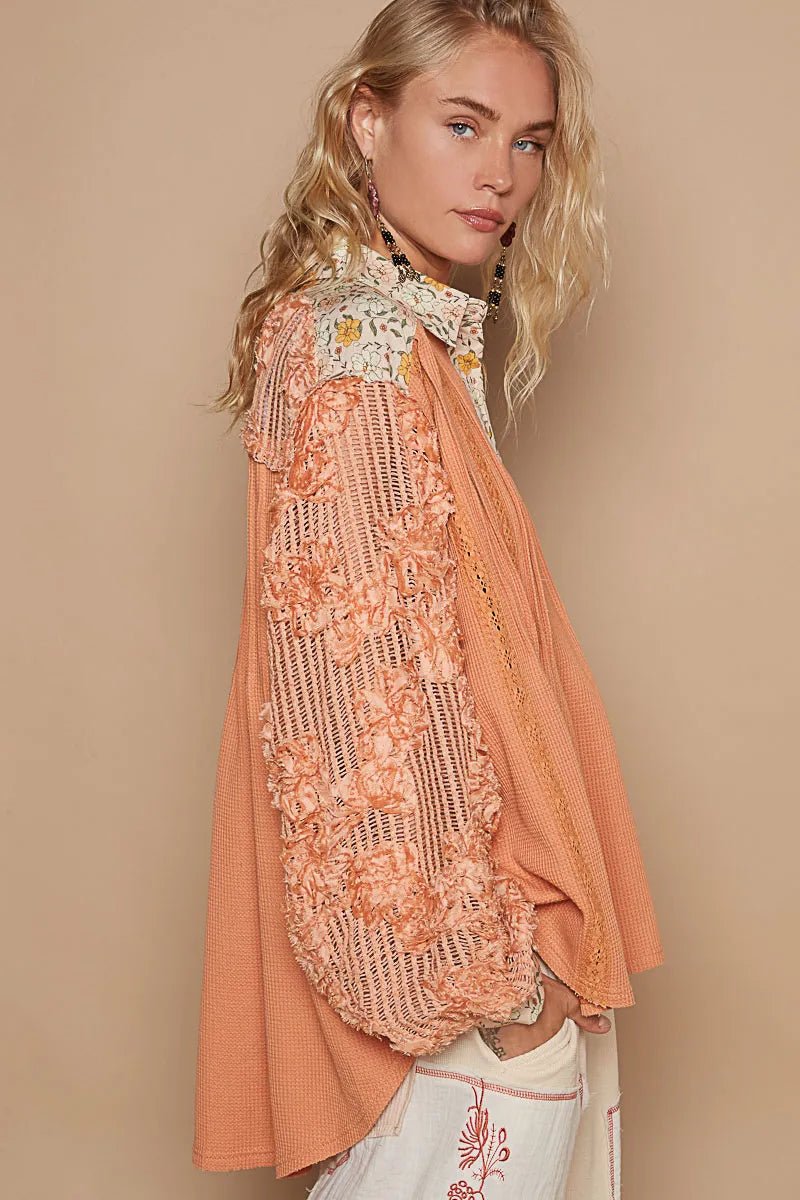 POL - Peach Floral Patchwork Long Sleeve Collared Top with Lace Details