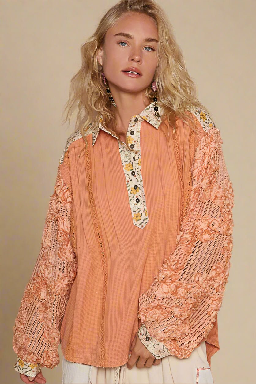 POL - Peach Floral Patchwork Long Sleeve Collared Top with Lace Details