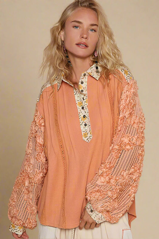POL - Peach Floral Patchwork Long Sleeve Collared Top with Lace Details