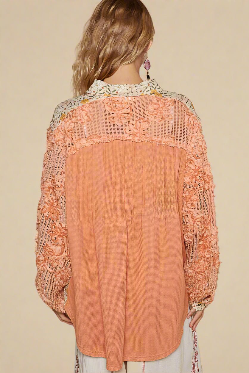 POL - Peach Floral Patchwork Long Sleeve Collared Top with Lace Details