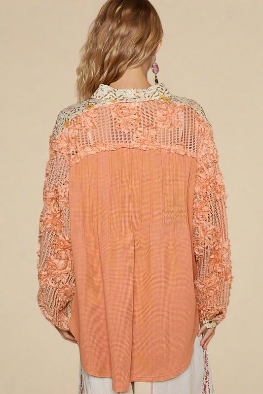 POL - Peach Floral Patchwork Long Sleeve Collared Top with Lace Details