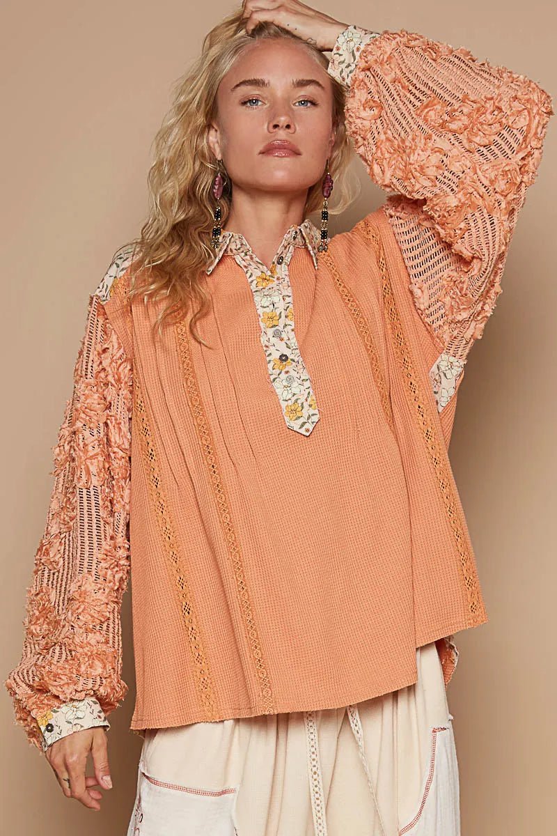 POL - Peach Floral Patchwork Long Sleeve Collared Top with Lace Details