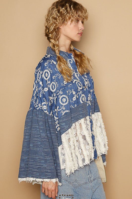 POL - Peacock Blue Lace Hem Embroidered Shirt