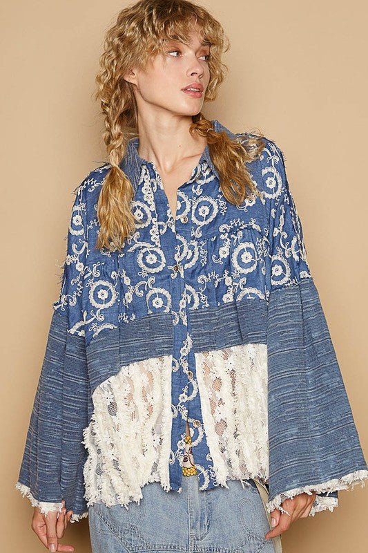POL - Peacock Blue Lace Hem Embroidered Shirt