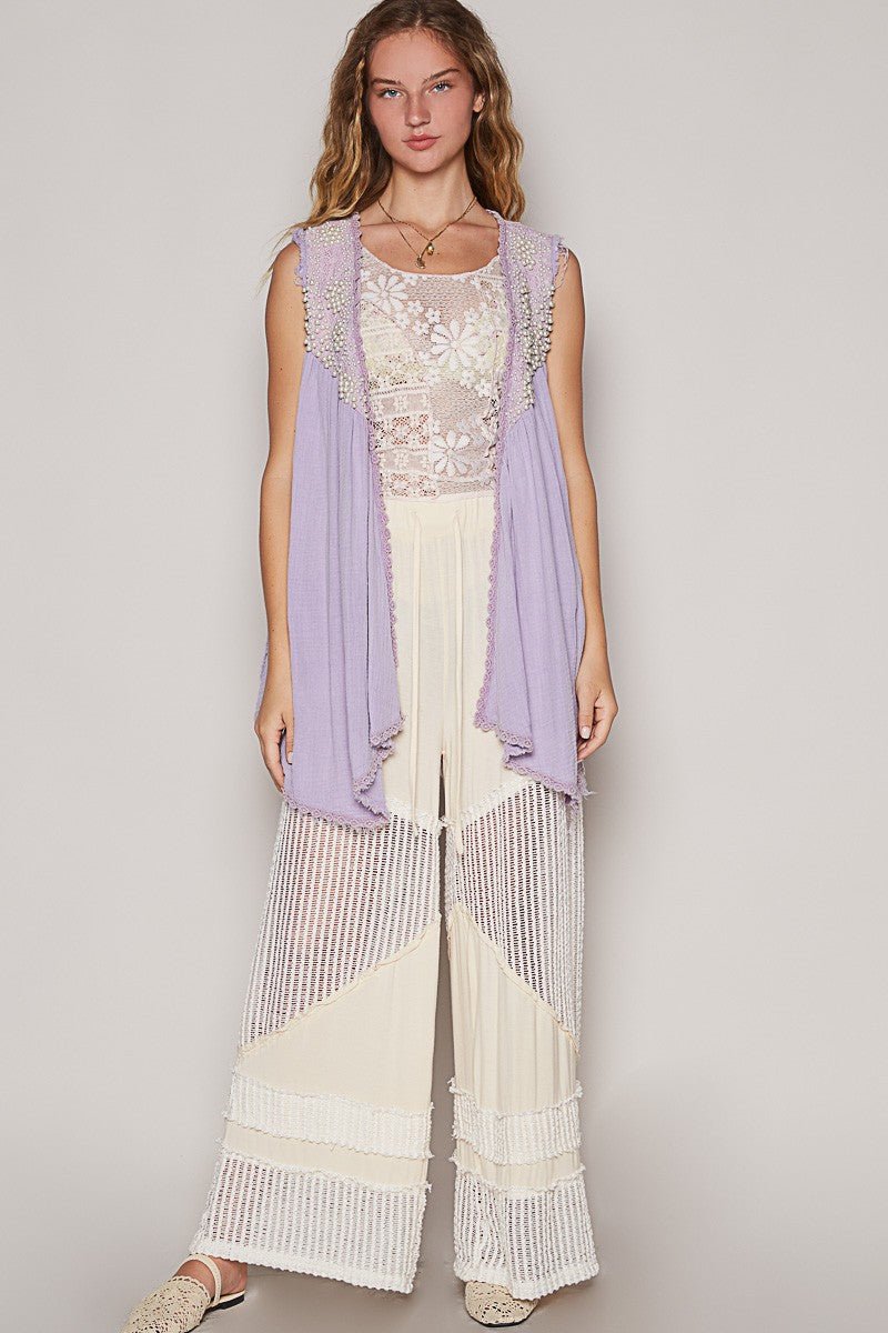 POL - Pearl Detail Sleeveless Cardigan in Lavender