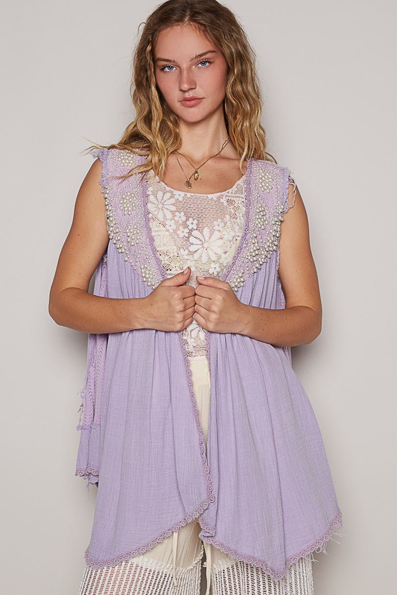 POL - Pearl Detail Sleeveless Cardigan in Lavender