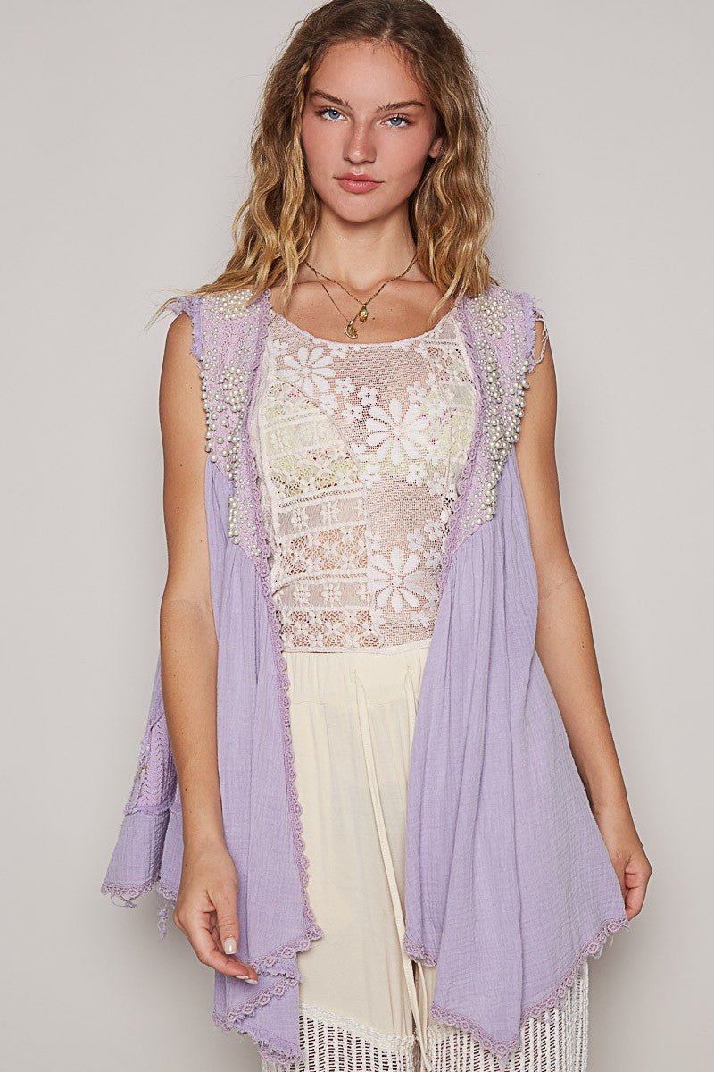 POL - Pearl Detail Sleeveless Cardigan in Lavender