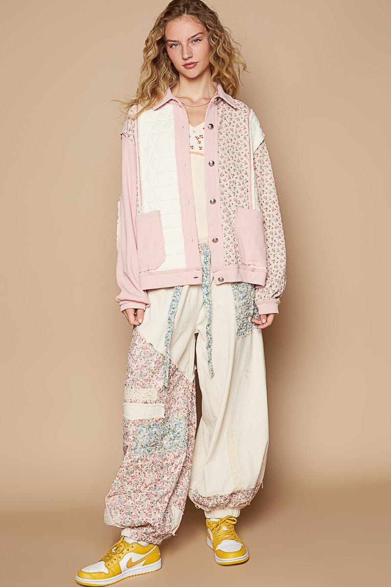 POL - Pink Floral Button Up Quilted Jacket