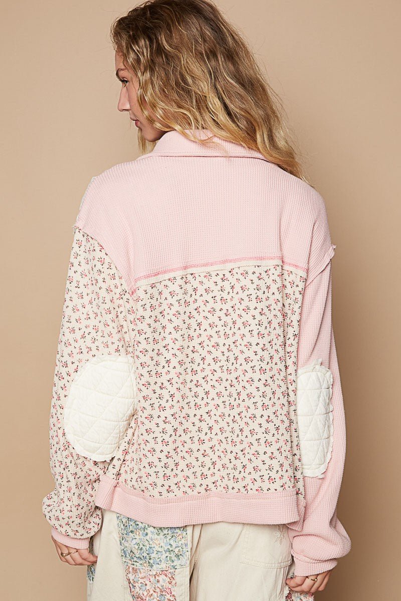 POL - Pink Floral Button Up Quilted Jacket