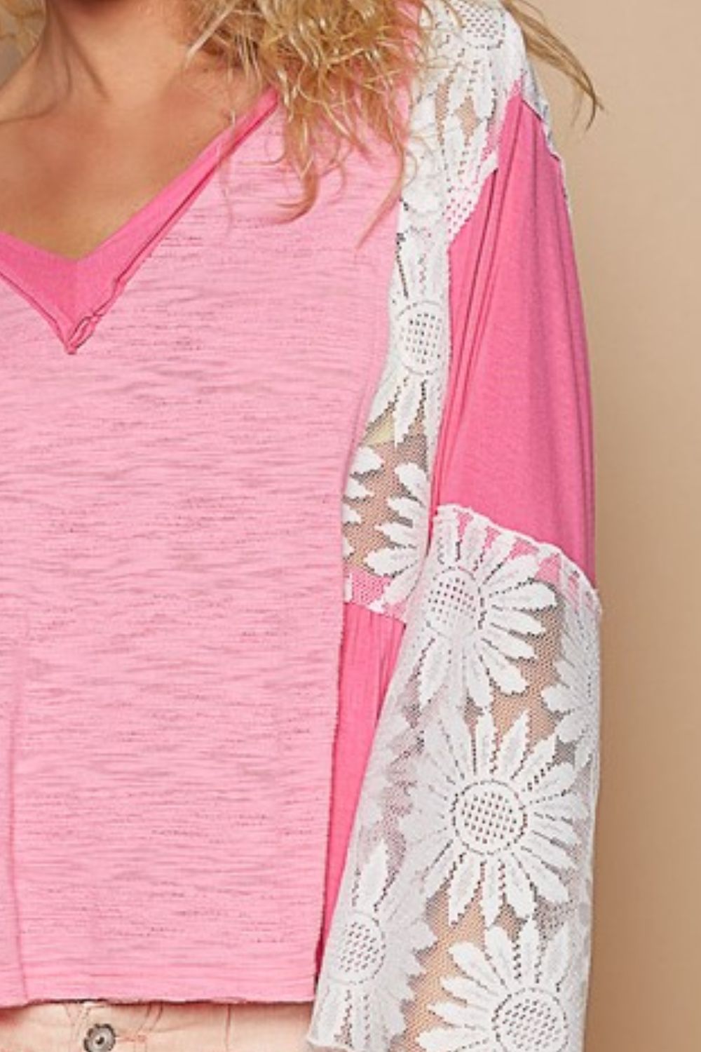 POL - Pink Lace Detail V - Neck Flare Sleeve Blouse