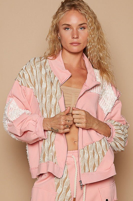 POL - Pink Patchwork Lace Zip Up Jacket