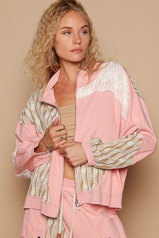 POL - Pink Patchwork Lace Zip Up Jacket